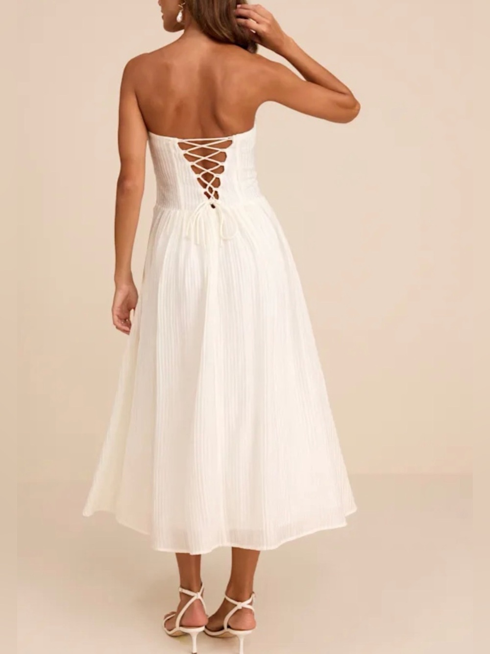 Lulu's Strapless White Midi Dress with Lace-Up Back